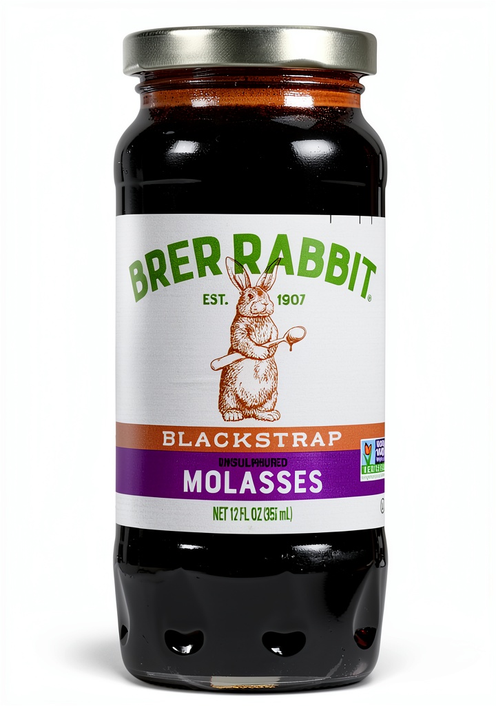 Brer Rabbit Blackstrap Molasses bottle on a kitchen counter