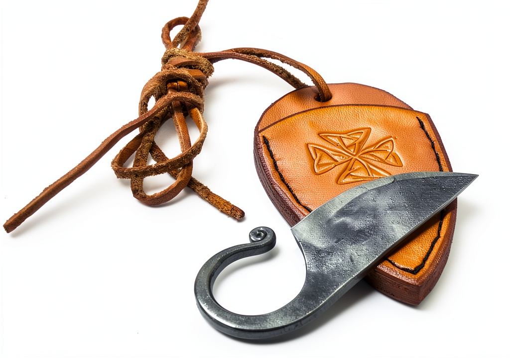 Toferner Celtic hand forged pocket knife displayed on a camping table with leather sheath, showcasing its compact size and craftsmanship