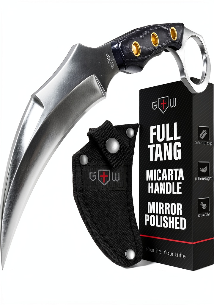 Grand Way Karambit knife displayed with sheath on a belt