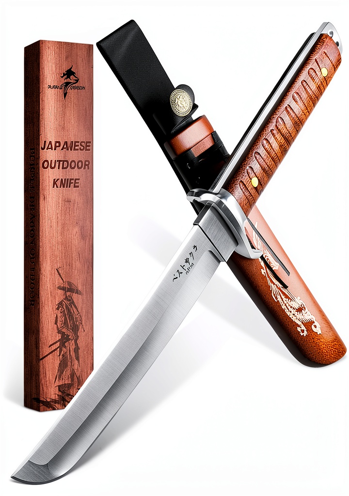 Purple Dragon Japanese fixed blade knife with engraved sheath on a camping background