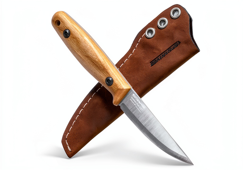 BPS Finn Lite carbon steel camping knife wooden handle displayed on a forest trail